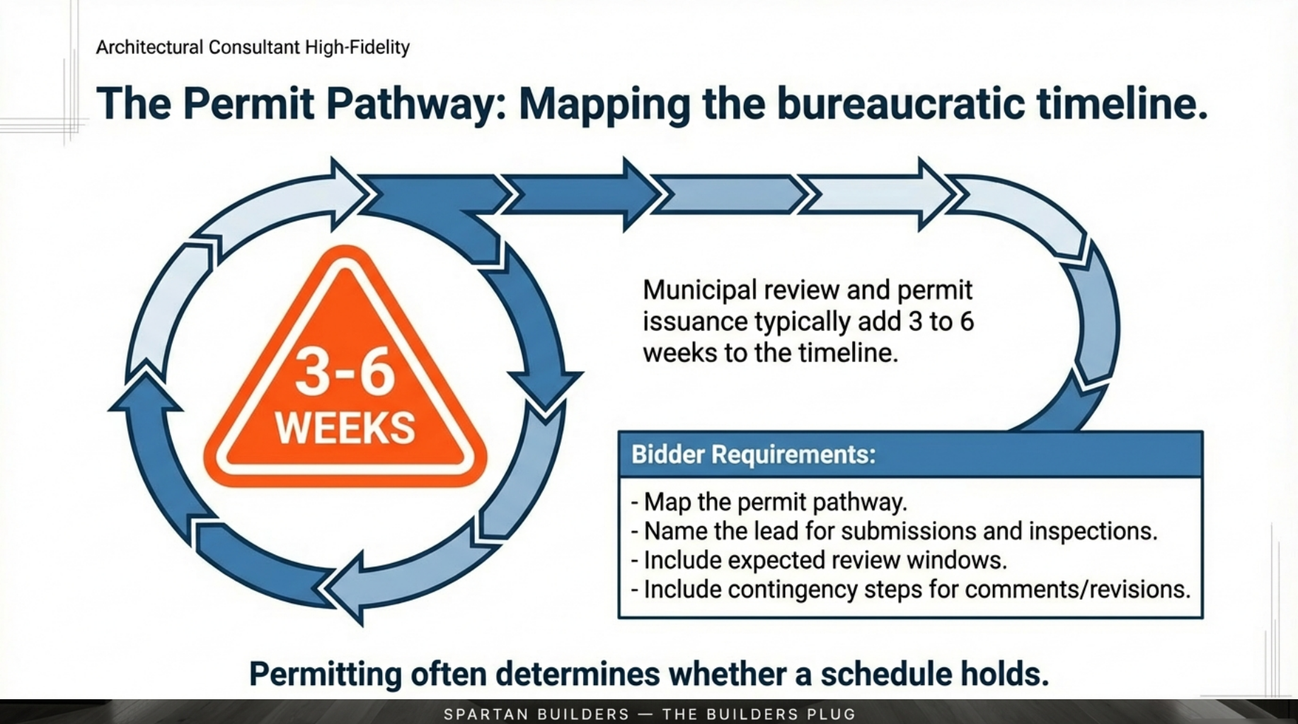 The municipal permit pathway and typical review windows for Ontario commercial projects.