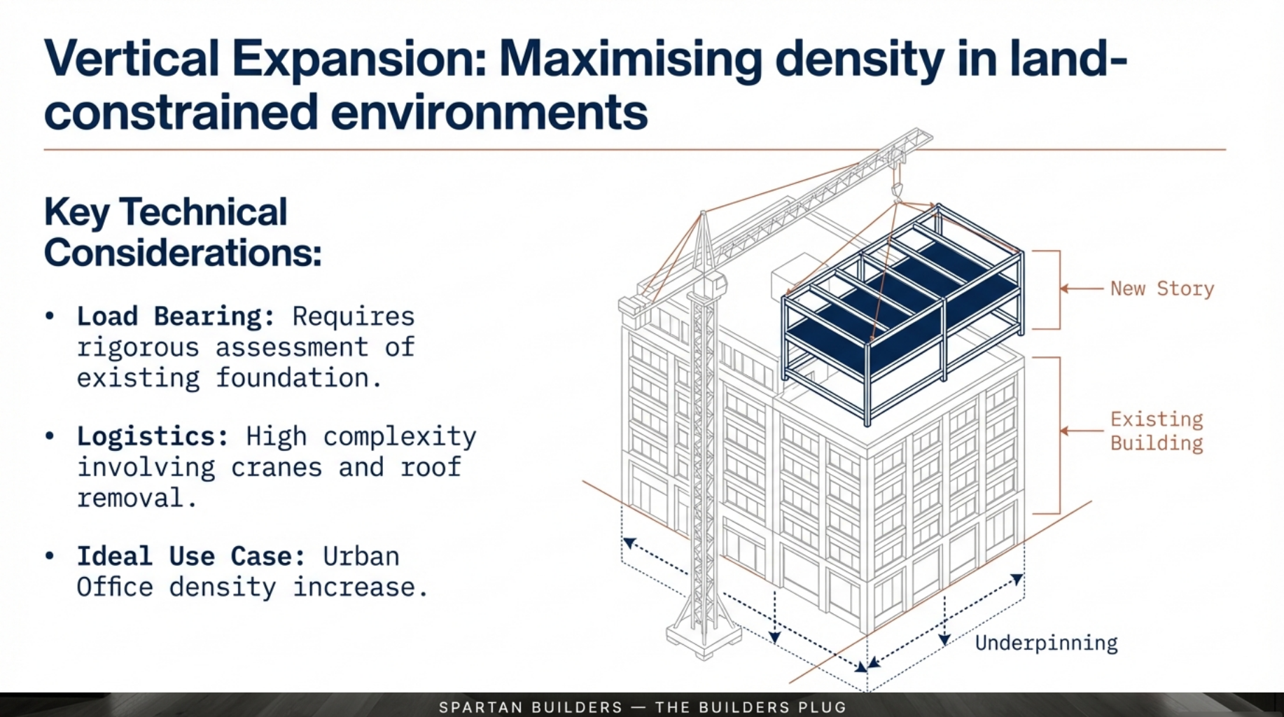 Structural drawing of a vertical office addition on an urban building, highlighting the crane logistics and structural reinforcement required for multi-story expansion.